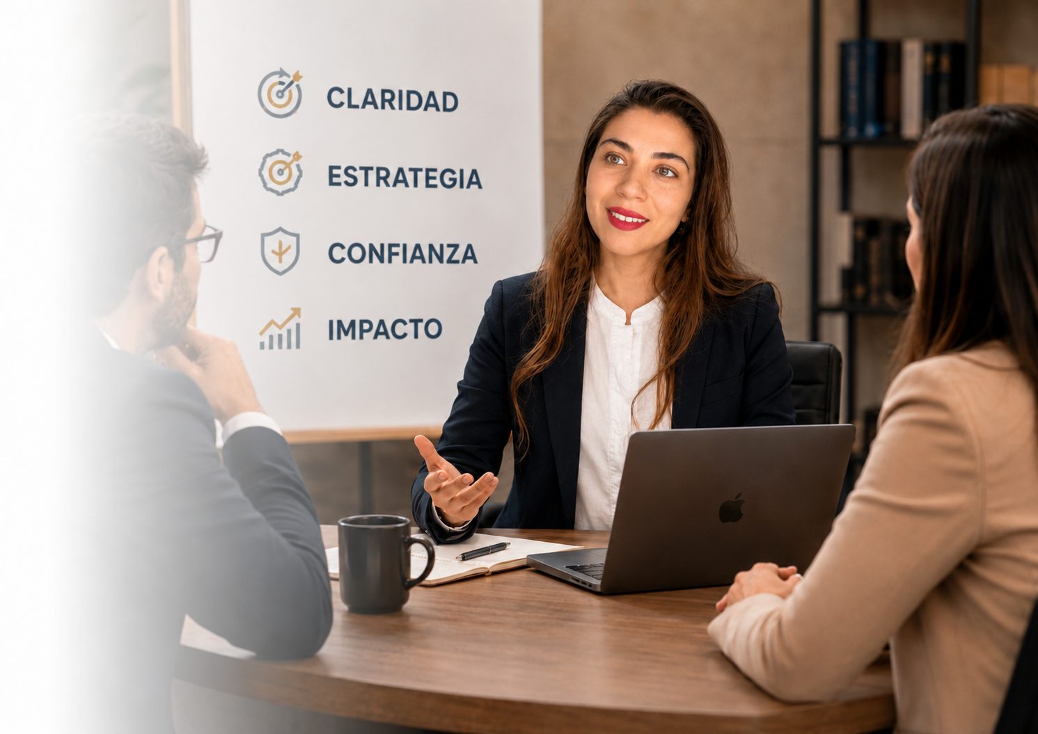 Consultora presentando estrategia de comunicación a equipo en sala de reuniones